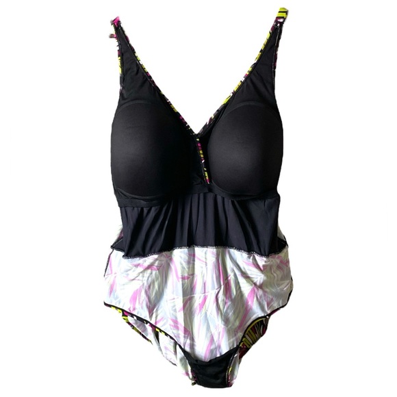 D & Co. Beach Ruched Flounce Swim Dress Leaf Print One Piece Womens Plus 24W - Picture 6 of 10